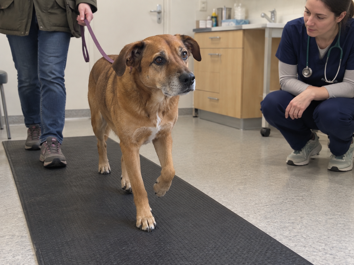 Veterinár sleduje chôdzu hnedého psa na protišmykovej podložke